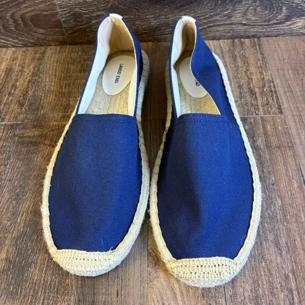 NWOT Lands End Women's Navy Blue Canvas Espadrille Flats Slip On Shoes Sz 11 M